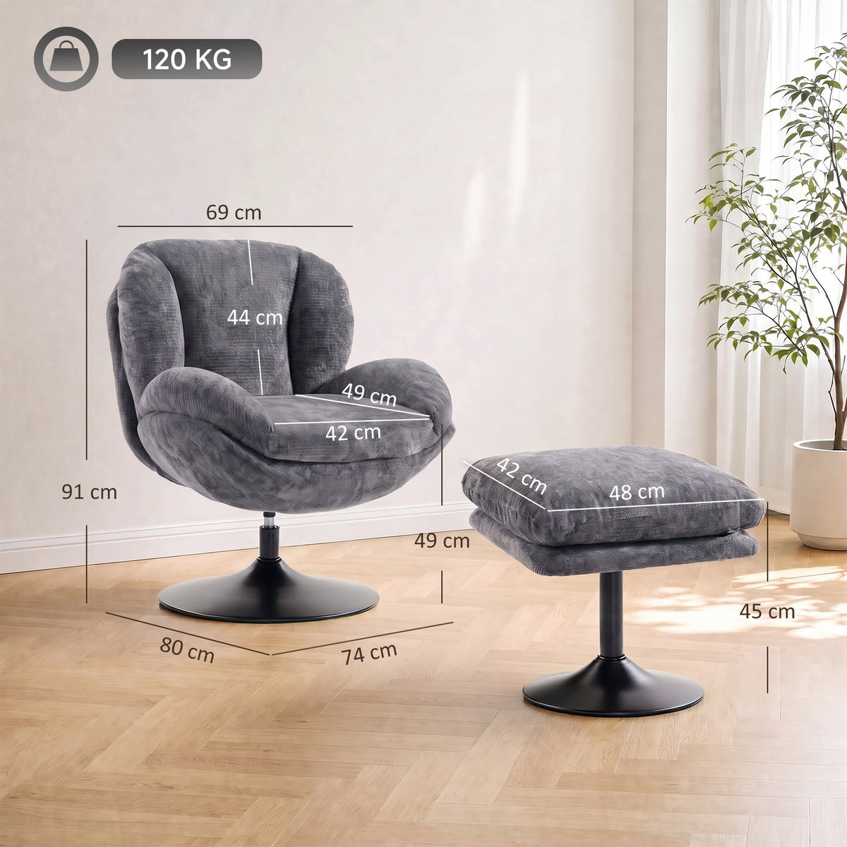 HOMCOM Modern Chenille Lazy Chair with Ottoman, 360° Swivel, Upholstered Reading Seat Set for Living Room, Dark Grey
