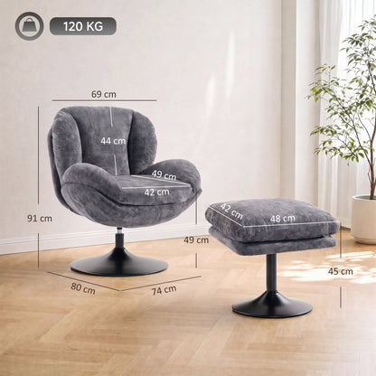 HOMCOM Modern Chenille Lazy Chair with Ottoman, 360° Swivel, Upholstered Reading Seat Set for Living Room, Dark Grey
