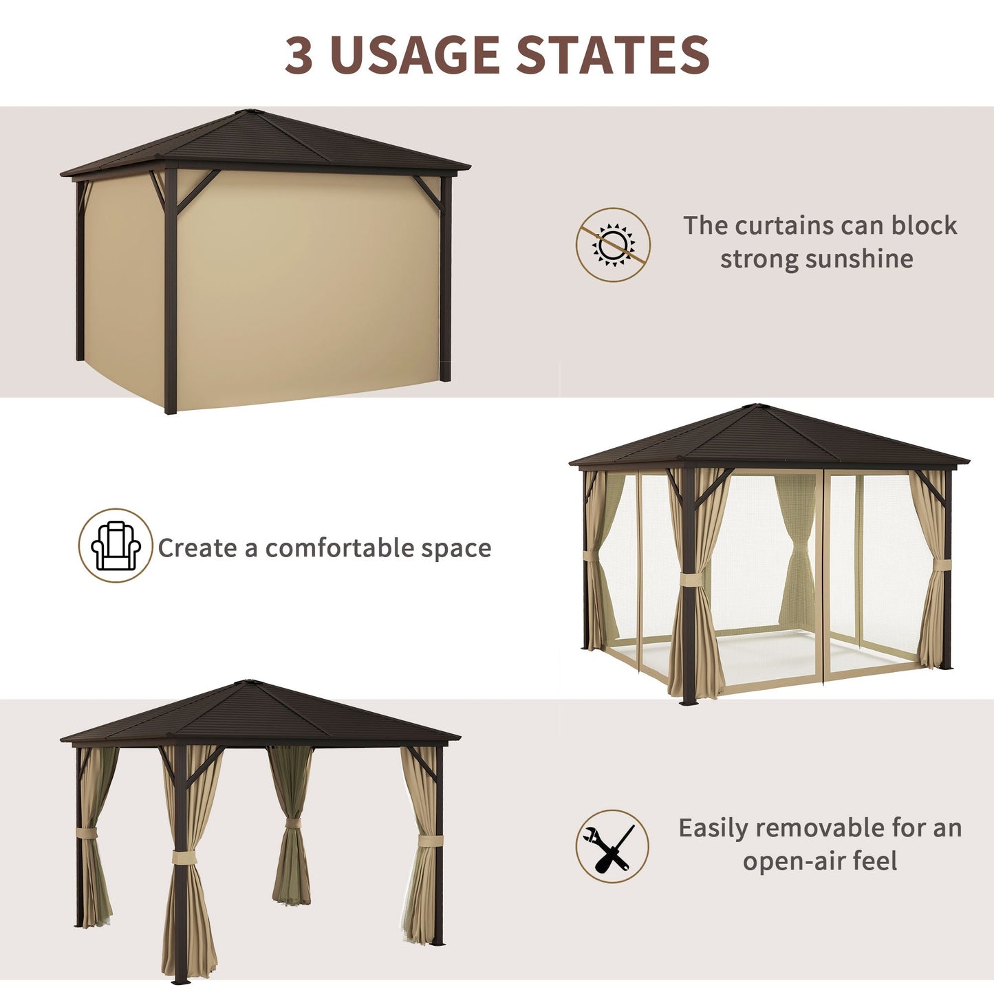 Outsunny 3 x 3 M Garden Lawn Patio Hard Top Metal Roof Gazebo Canopy Shelter With Netting And Curtains Aluminium Frame - Bronze Tone