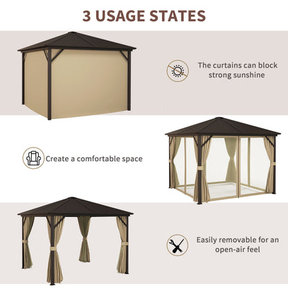 Outsunny 3 x 3 M Garden Lawn Patio Hard Top Metal Roof Gazebo Canopy Shelter With Netting And Curtains Aluminium Frame - Bronze Tone