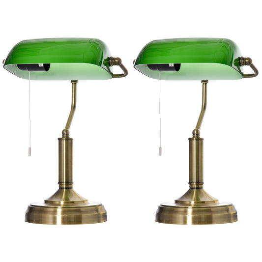 HOMCOM Banker's Table Lamps Set of 2, Desk Lamps with Antique Bronze Tone Base, Green Glass Shade and Pull Rope Switch for Home Office, Living Room, Bedroom, Dining Room, Green