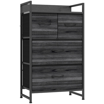 HOMCOM Rustic Chest of Four Fabric Drawers - Black Wood Effect