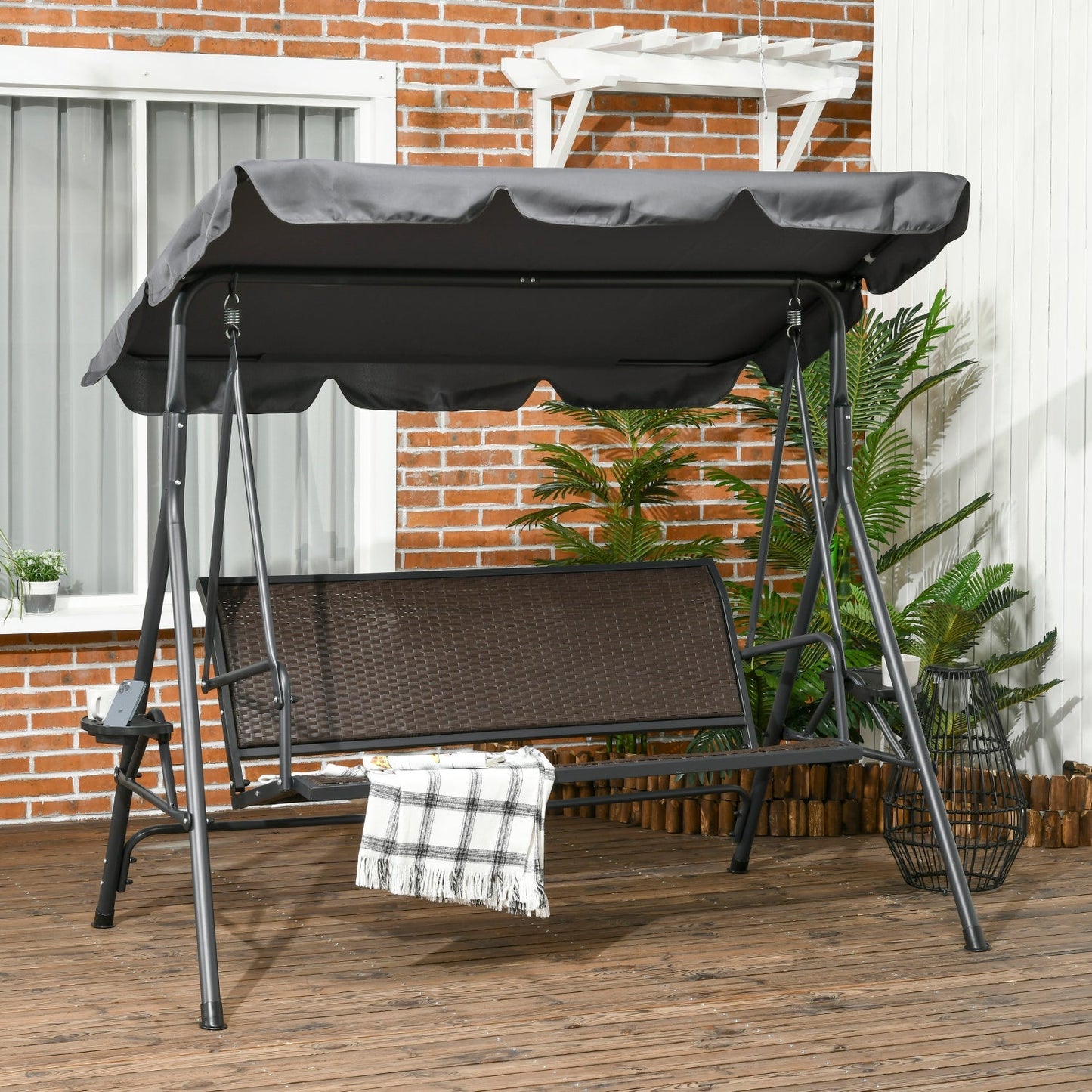 Outsunny 3 Seater Swing Chair, Garden Swing Seat Bench with Adjustable Canopy, Rattan Seat, and Steel Frame for Patio, Yard