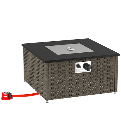 Outsunny Rattanowy stół z paleniskiem gazowym do ogrodu, 13 kW bezdymny palenisko propanowe z pokrywą, kwadratowy stolik kawowy do ogrodu z podgrzewaczem tarasowym na zewnątrz, patio, 58 x 58 x 33 cm, szary