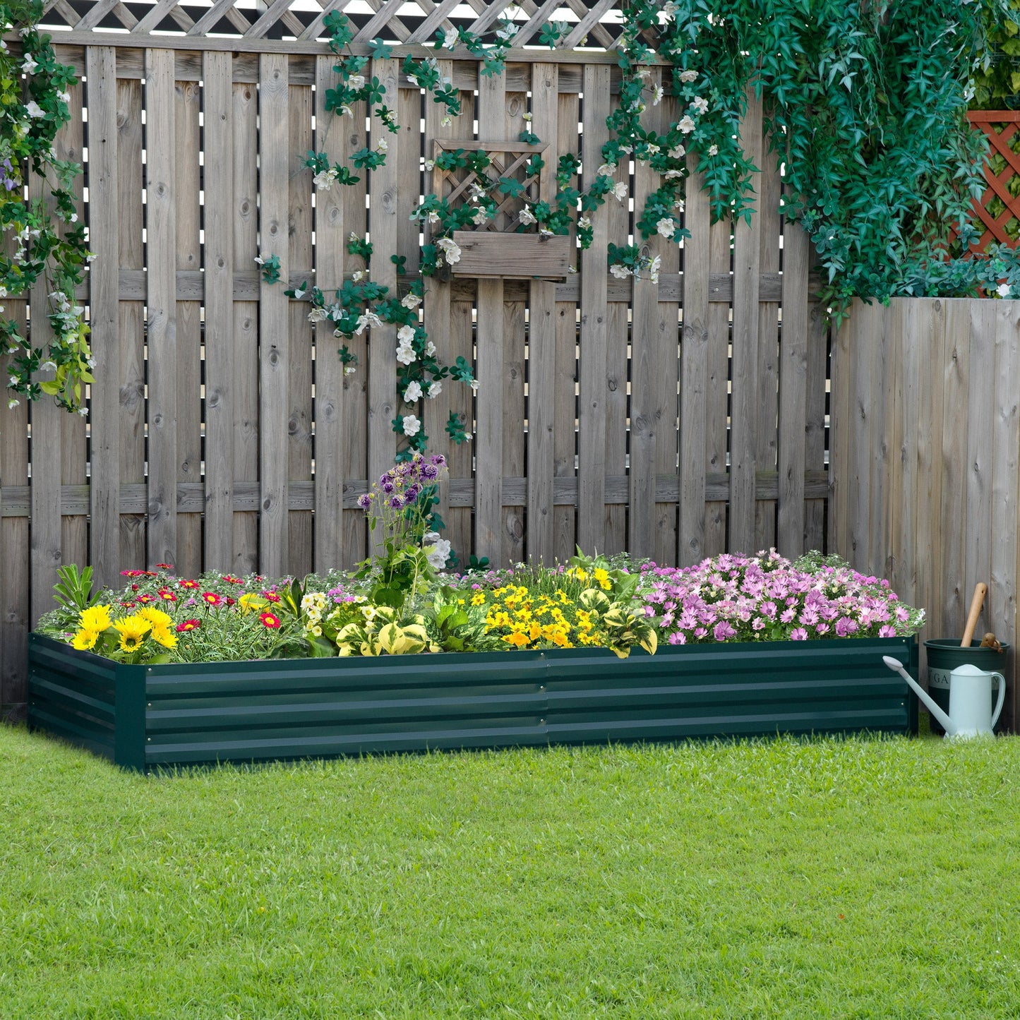 صندوق زراعة سرير معدني مرتفع من Outsunny لزراعة الزهور والأعشاب باللون الأخضر، 241 × 90.5 × 30 سم