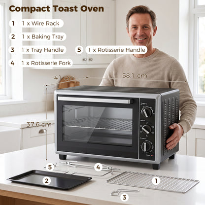 HOMCOM 46L Mini Oven with Convection with Rotisserie, 90-230°C Adjustable Temperature, 60 Minute Timer, 1800 W, Black