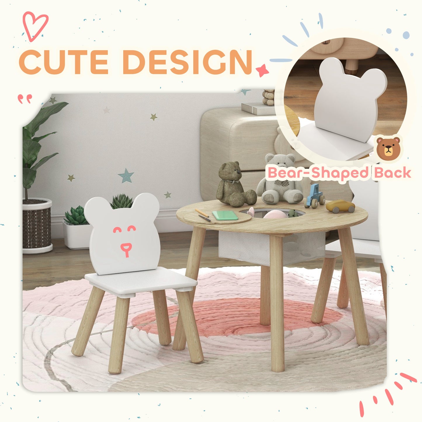 AIYAPLAY 3-Piece Kids Activity Table Set with Centre Mesh Bag, Bear-Shaped Backrest, for Arts and Crafts, Reading, Dining