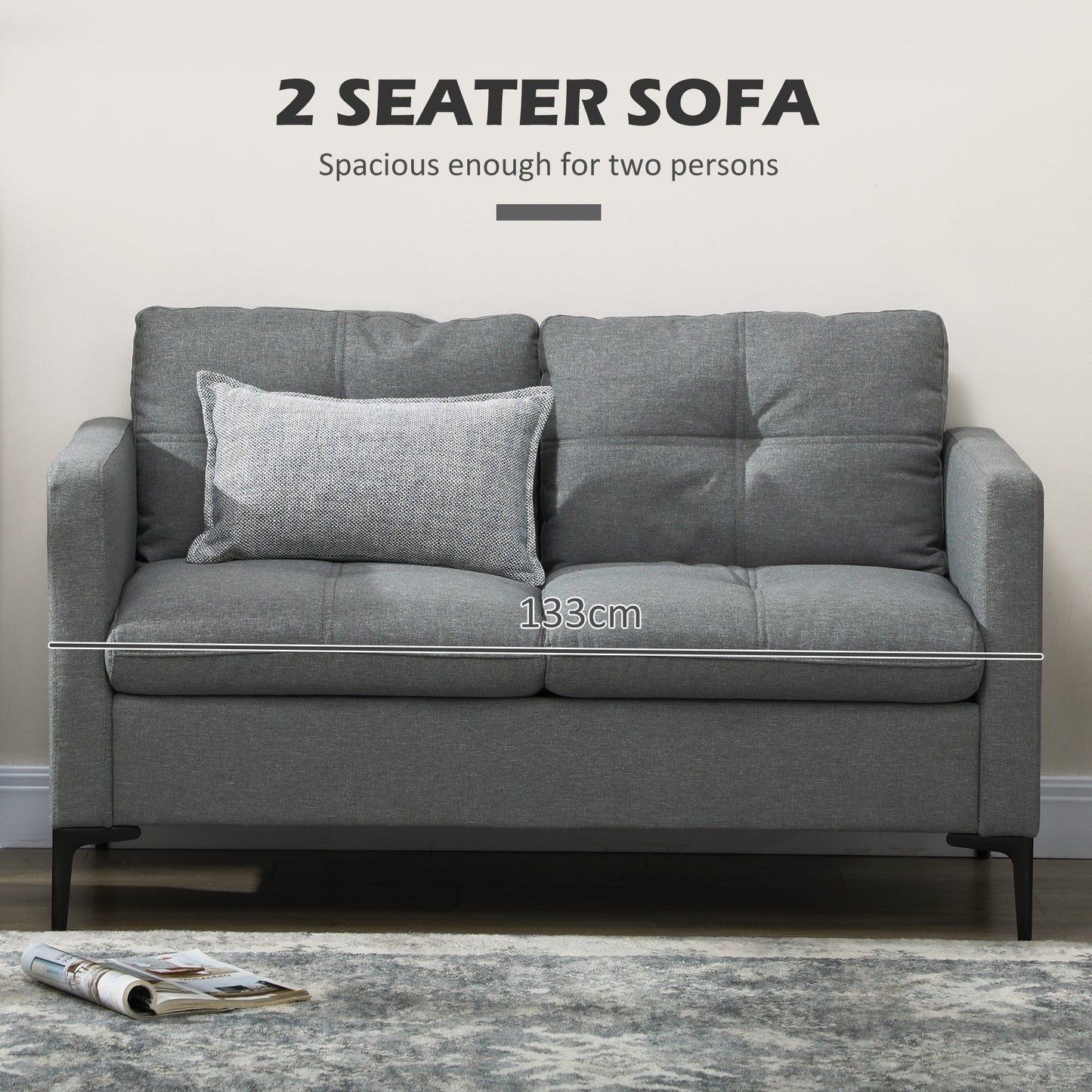 أريكة Loveseat مقاس 133 سم، أريكة قماشية حديثة بأرجل فولاذية، أريكة منجدة بمقعدين لغرفة المعيشة وغرفة النوم، رمادي داكن