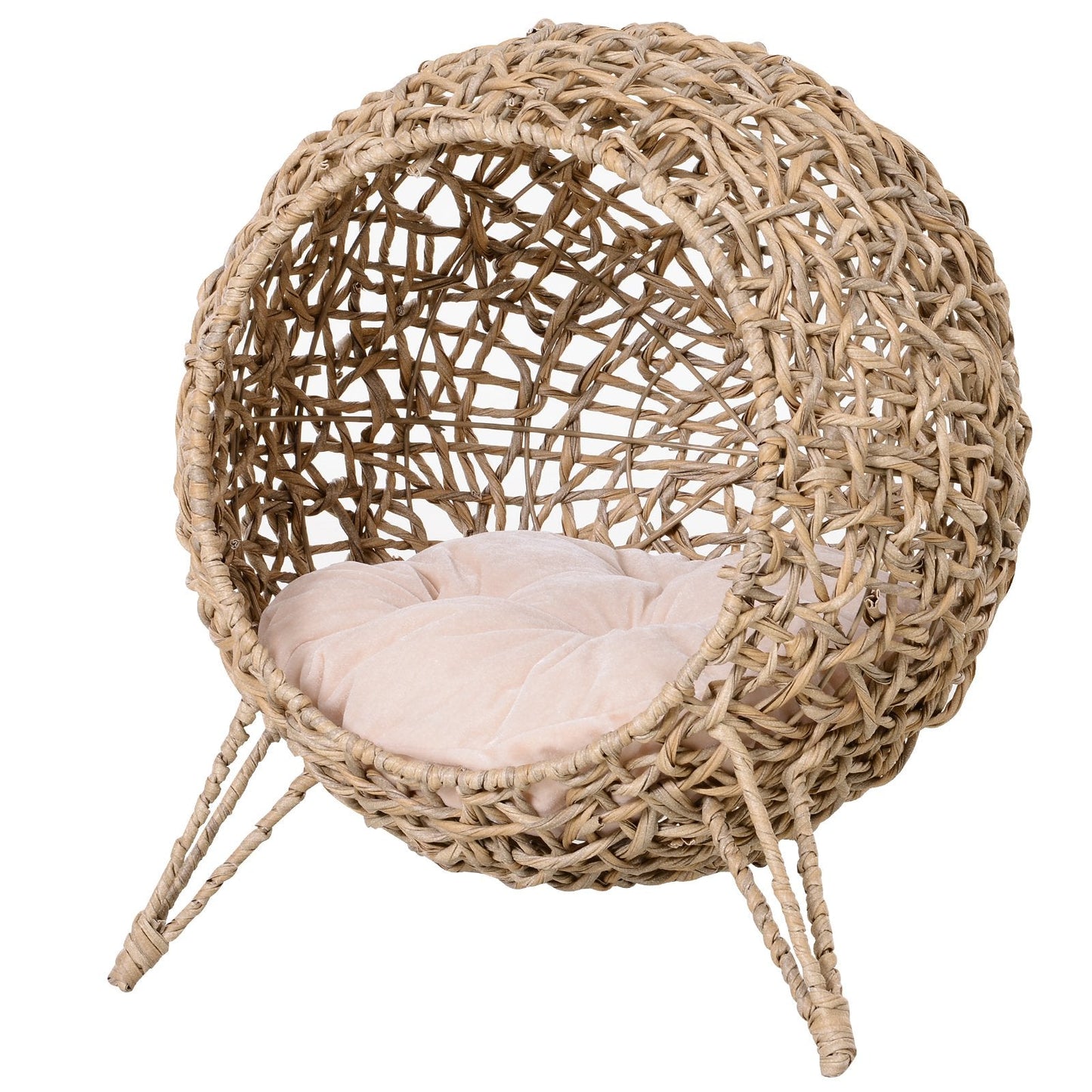 PawHut Hooded Rattan Wicker Elevated Cat House Kitten Pussy Basket Ball Shaped Bed Pet Furniture with Removable Cushion Natural