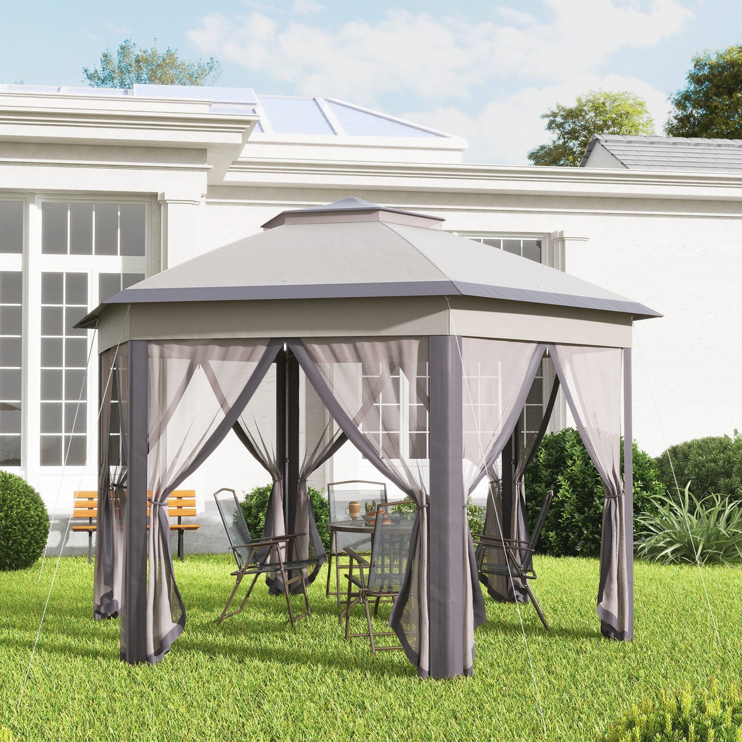 Outsunny Hexagon Garden Gazebo Pop Up Gazebo Outdoor Patio Double Roof Instant Shelter with Netting, 3 x 4m, Beige