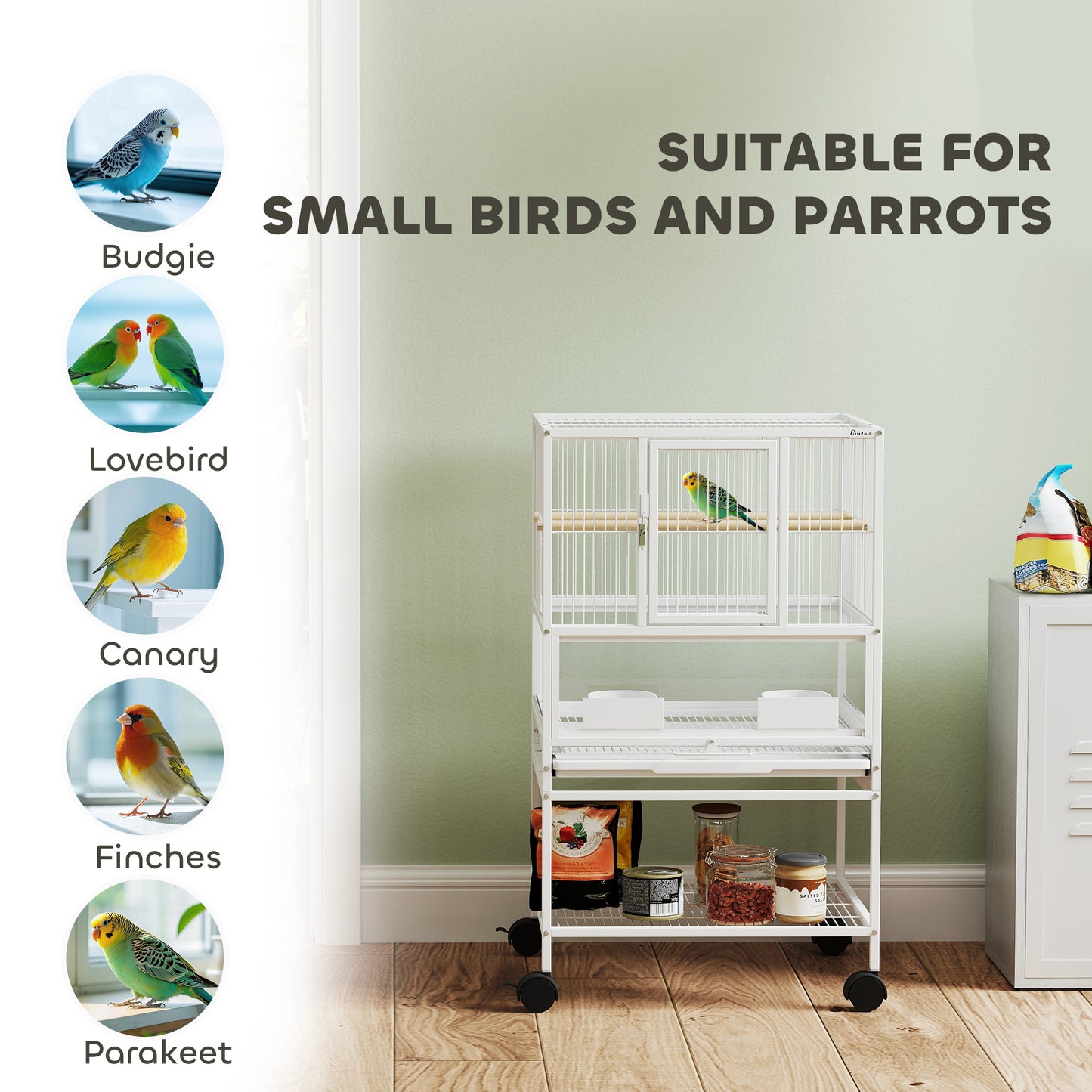 PawHut Bird Cage with Rolling Stand, Acrylic Viewing Panels, Storage Shelf, for Budgie, Parakeet, 48 x 46 x 83 cm