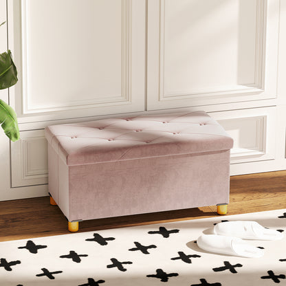 HOMCOM Velvet Upholstered Foldable Ottoman Footrest, Storage Ottoman Bench with Wood Legs for Living Room, Pink