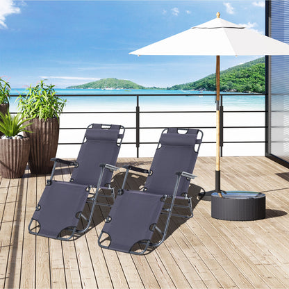 Outsunny 2 in 1 Folding Sun Lounger Reclining Garden Chair Set of 2 with 2-Level Adjustable Backrest, Outdoor Zero Gravity Recliner Garden Chairs with Head Pillow and Armrests, Grey