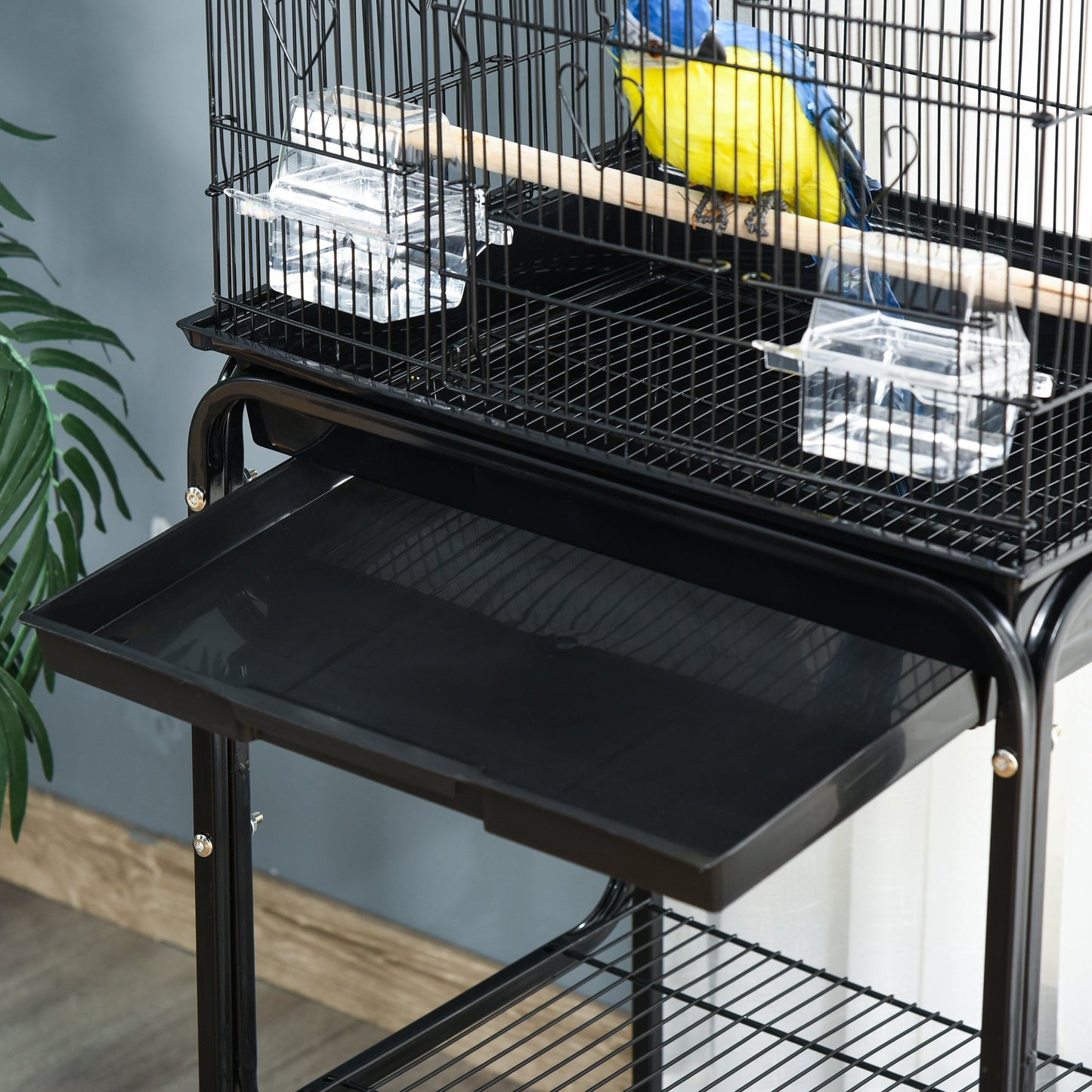 PawHut Bird Cage Budgie Cages for Finch Canary Parakeet with Stand Wheels Slide-out Tray Accessories Storage Shelf, Black 46.5 x 36 x 157 cm