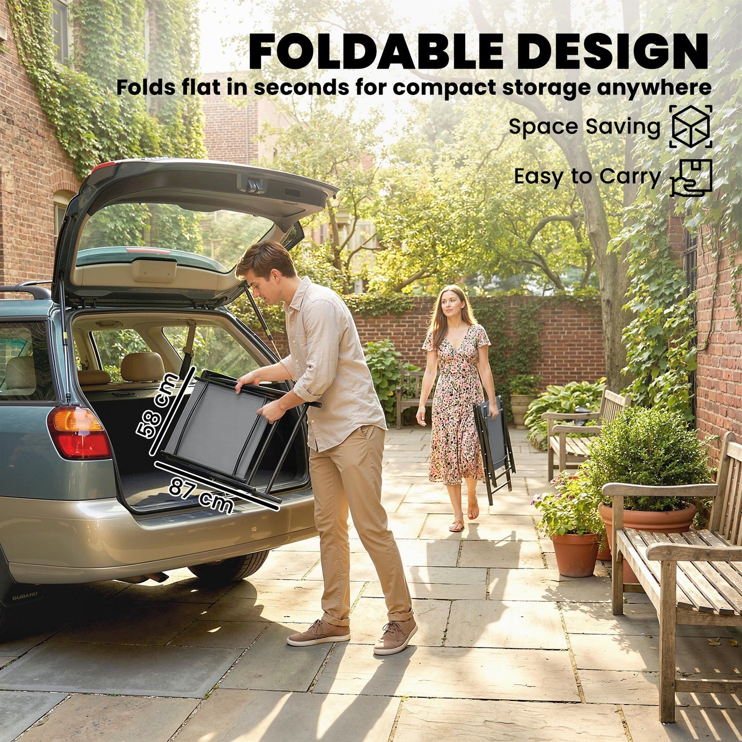 Outsunny Folding Garden Chairs Set of 2, Foldable Garden Dining Chairs with High Back, Armrests, Texteline Seat, Light Grey