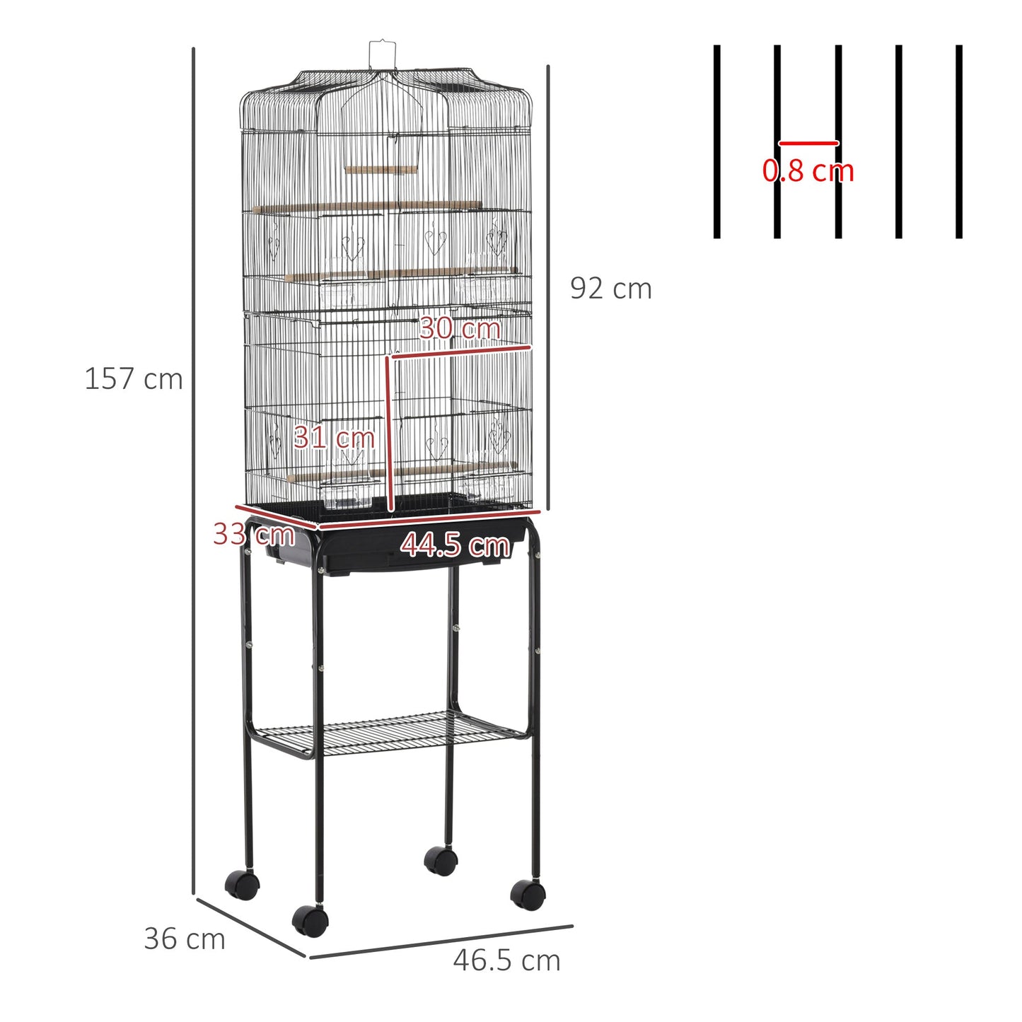 PawHut Bird Cage Budgie Cages for Finch Canary Parakeet with Stand Wheels Slide-out Tray Accessories Storage Shelf, Black 46.5 x 36 x 157 cm