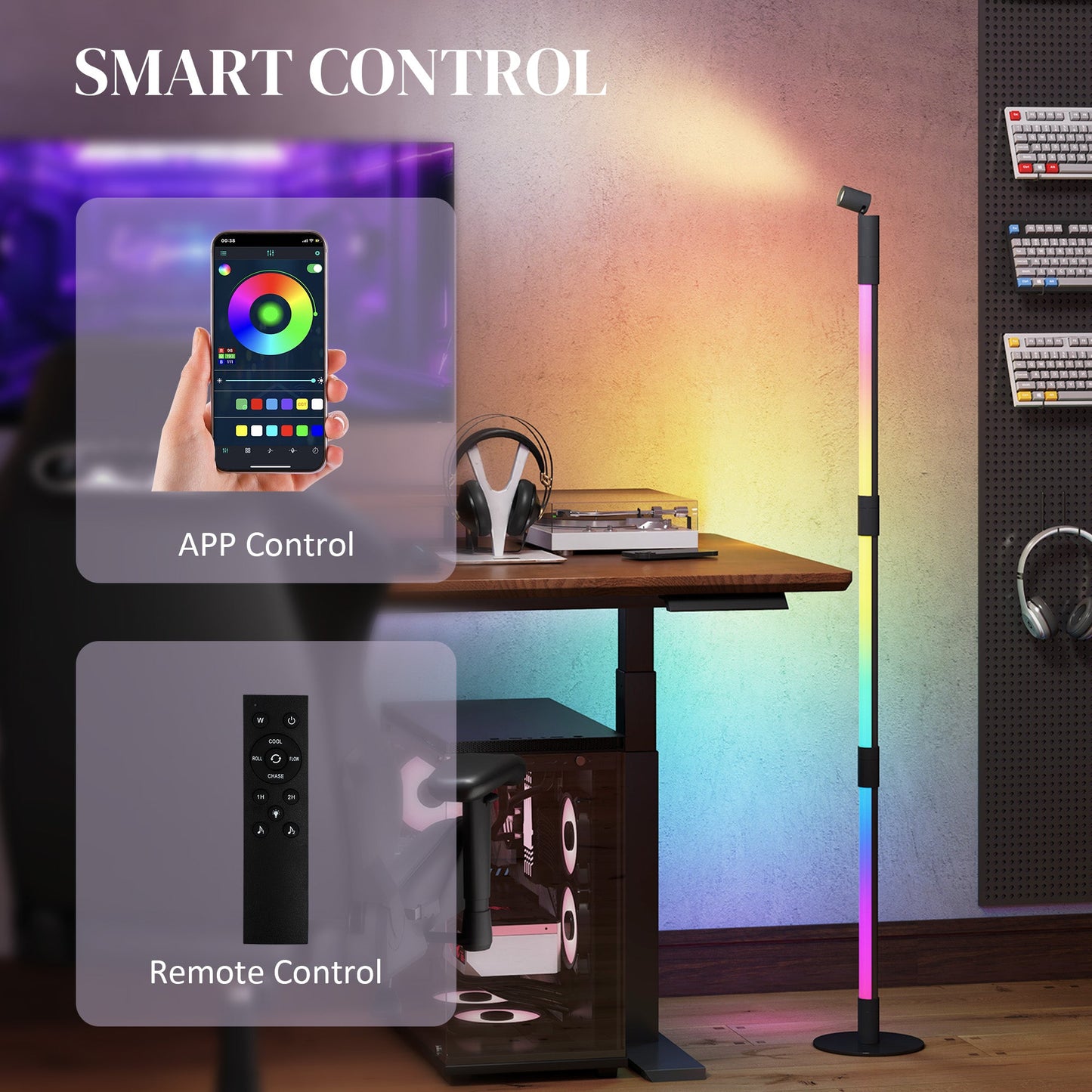 HOMCOM Lampa podłogowa LED z lampką do czytania, 360√Ç¬∞ RGB Odłączana lampa narożna z aplikacją i pilotem, Lampa stojąca z synchronizacją muzyki i timerem, do salonu, pokoju gier, Ciemnoszara