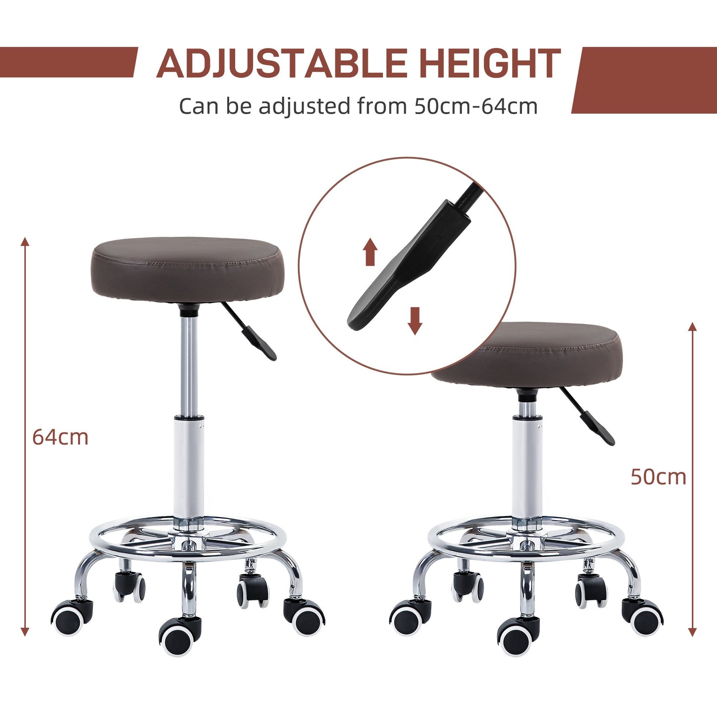 Vinsetto PU Leather Rolling Stool, Height Adjustable Stool Chair with Wheels for Salon, Massage, Spa, Grey