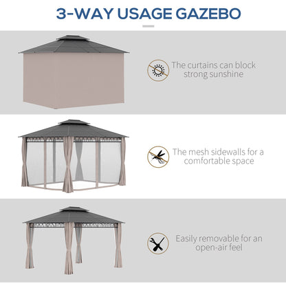 Outsunny 3.6 x 3 (m) Outdoor Polycarbonate Gazebo, Double Roof Hard Top Gazebo with Nettings & Curtains for Garden, Lawn, Patio