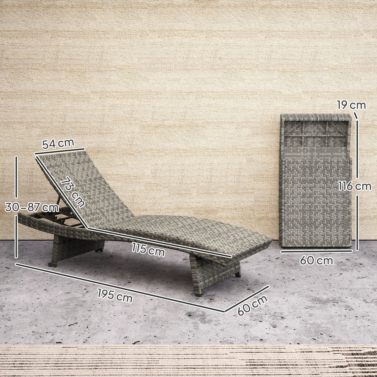 Outsunny Outdoor PE Rattan Leżak, składany wiklinowy leżak ogrodowy z oparciem regulowanym na 4 poziomach, rolowany leżak z kółkami, antypoślizgowe nogi na balkon, plaża, mieszany szary