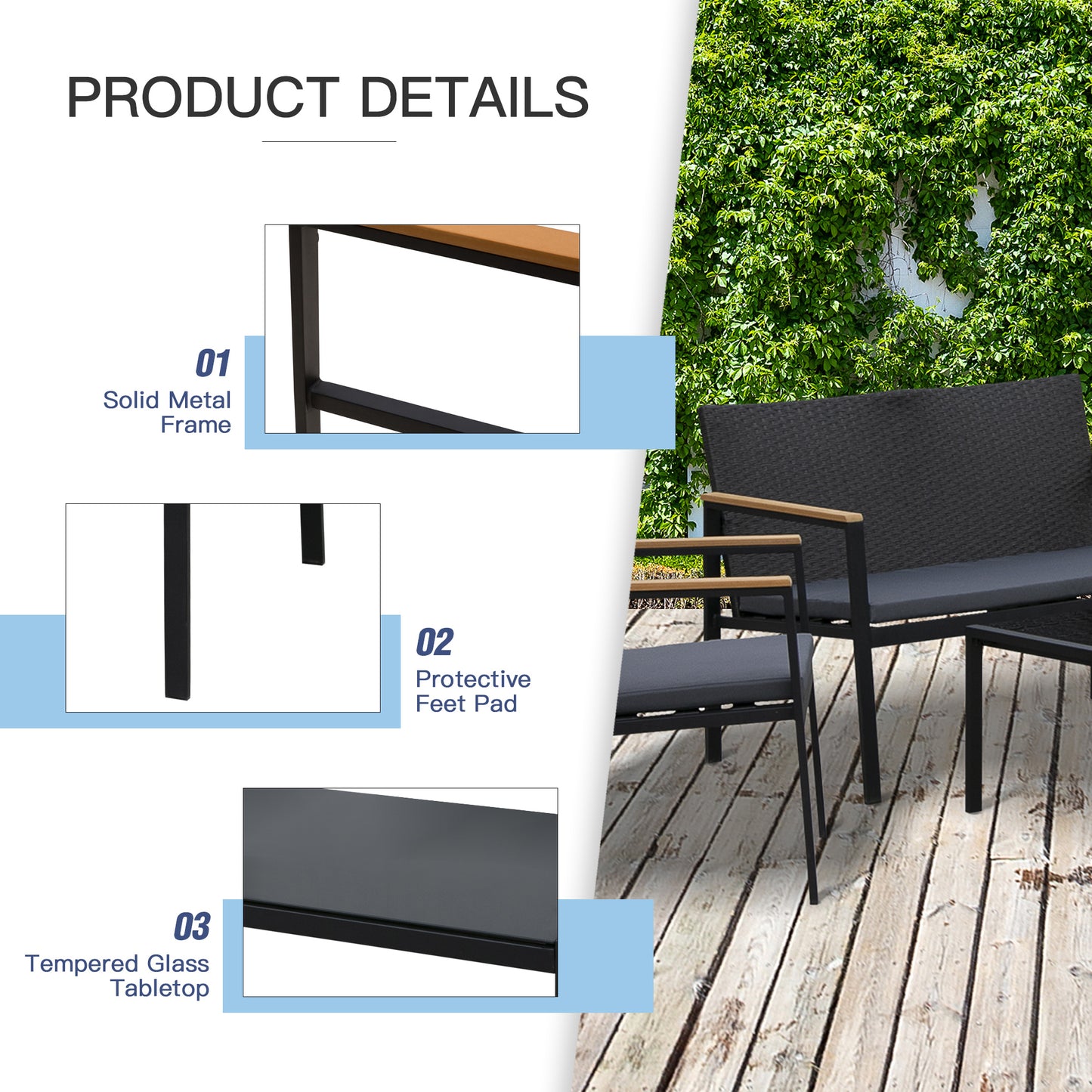 Zestaw mebli ogrodowych Outsunny 4PC z rattanu 2 pojedyncze sofy, fotele, 1 ławka z poduszkami i stolik kawowy Patio Backyard Wicker Weave