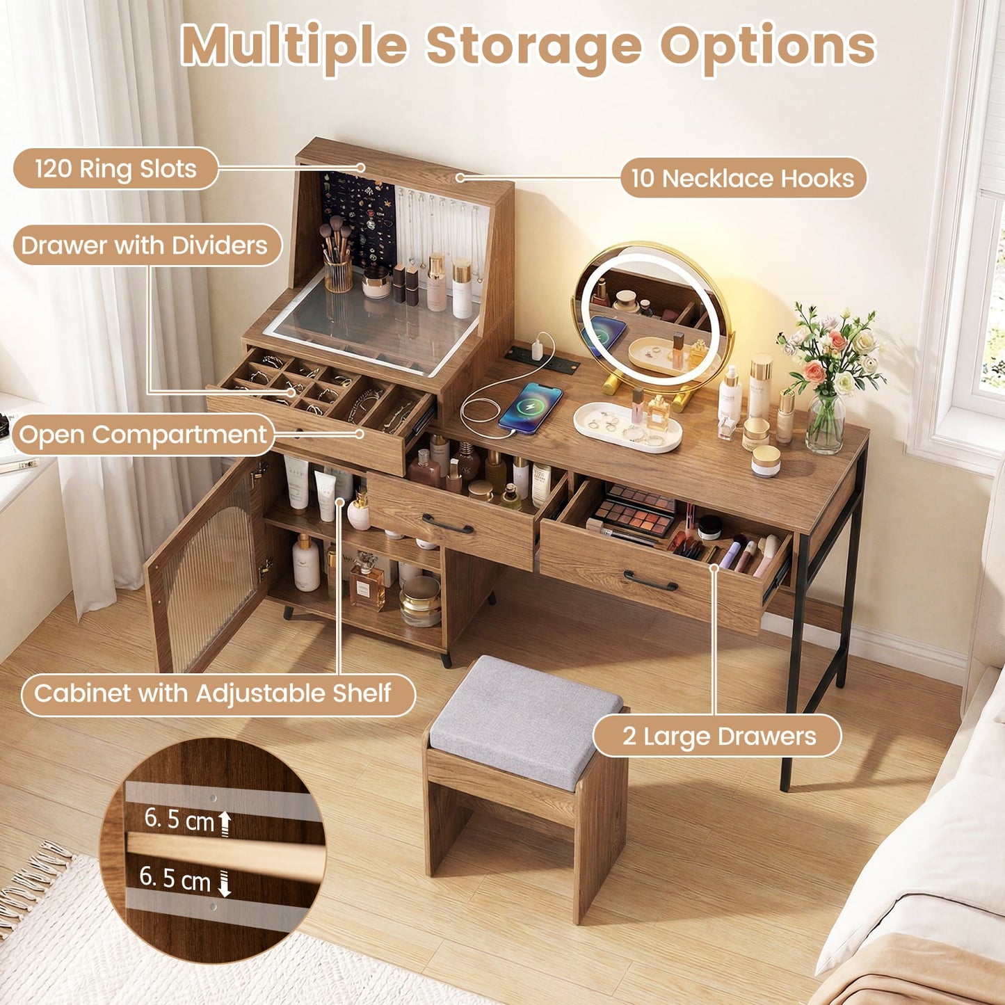 Vanity Desk with Mirror and Lights Makeup Vanity Table with 3 Lighting Modes-Natural