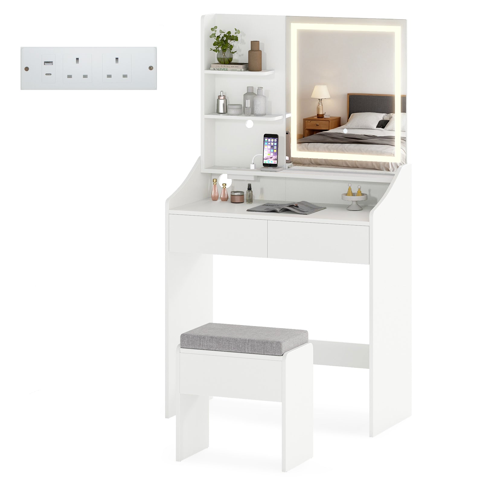 Vanity Desk Set with Built-in Charging Station and Storage Drawers-White