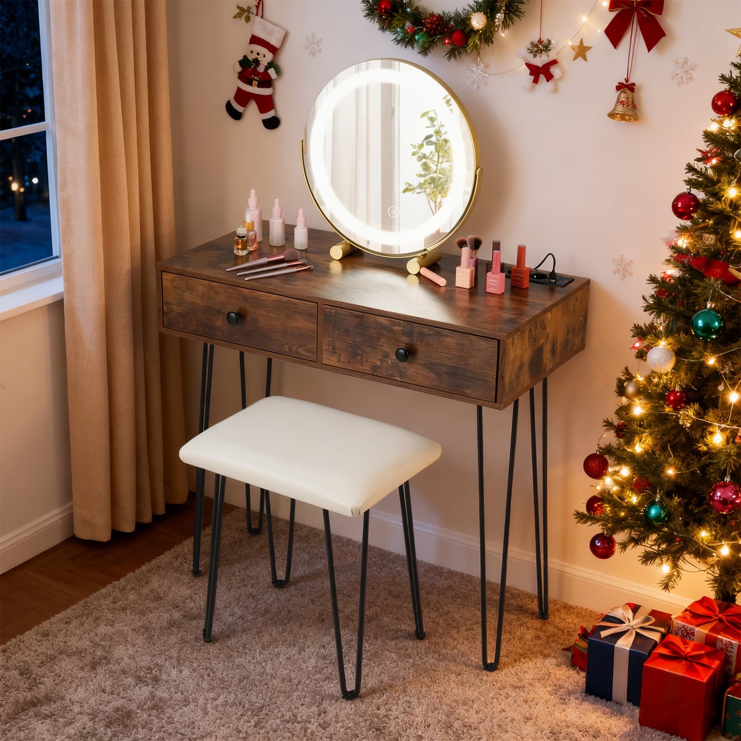 Vanity Desk with Mirror and Lights Makeup Dressing Table-Rustic Brown