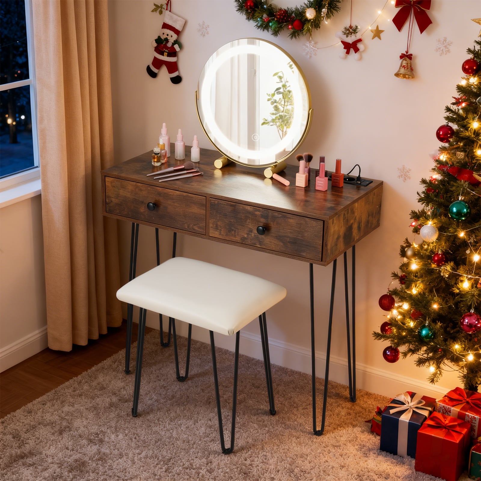 Vanity Desk with Mirror and Lights Makeup Dressing Table-Rustic Brown