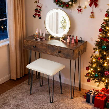 Vanity Desk with Mirror and Lights Makeup Dressing Table-Rustic Brown