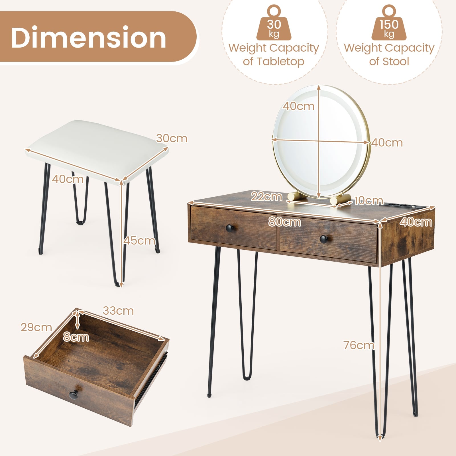 Vanity Desk with Mirror and Lights Makeup Dressing Table-Rustic Brown