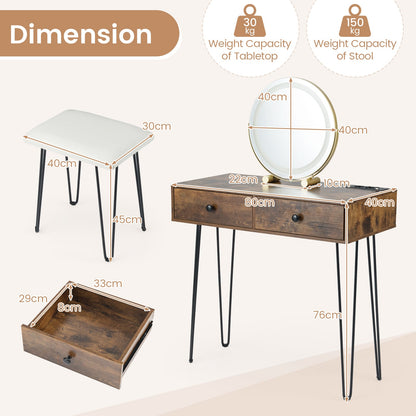 Vanity Desk with Mirror and Lights Makeup Dressing Table-Rustic Brown