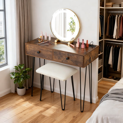 Vanity Desk with Mirror and Lights Makeup Dressing Table-Rustic Brown