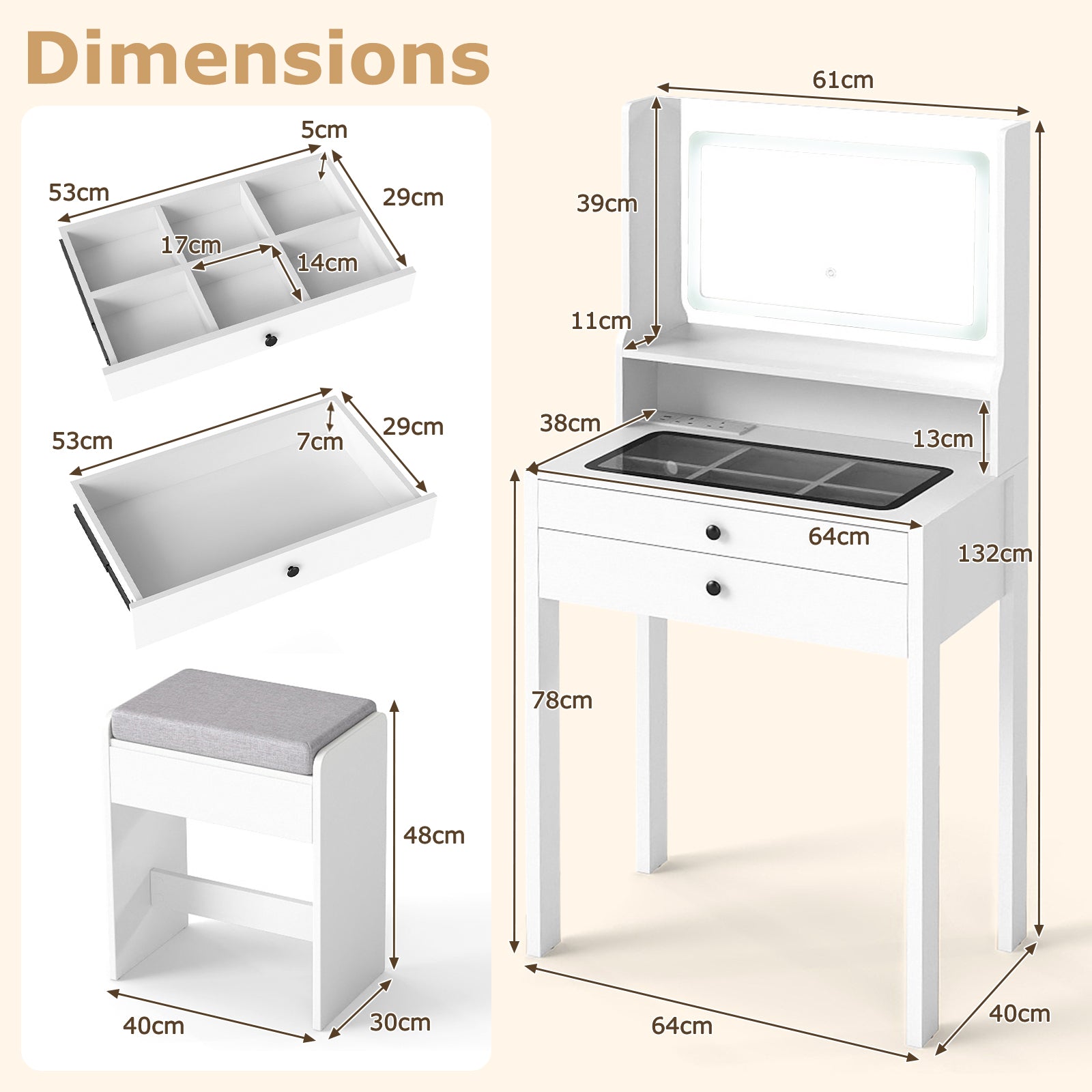 Vanity Desk with Power Outlets and 3 Color Lighting Modes for Bedroom-White