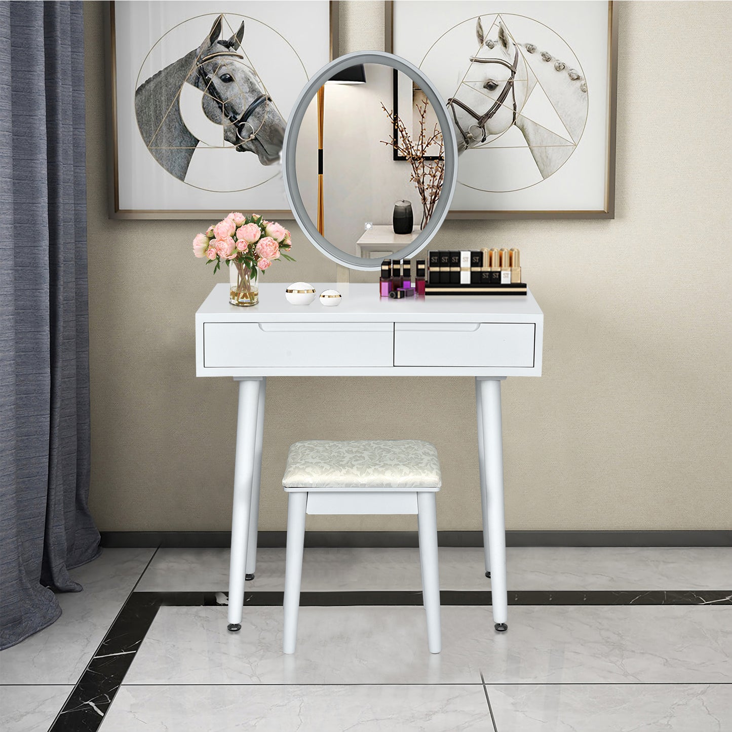 Vanity Table Set with Surrounded LED Tape Lights-White