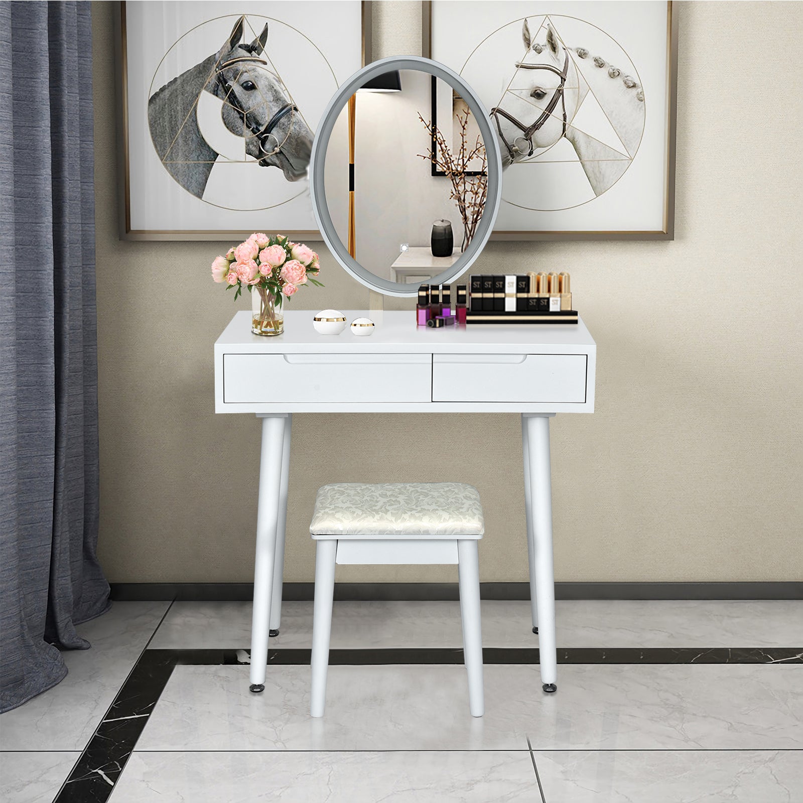 Vanity Table Set with Surrounded LED Tape Lights-White