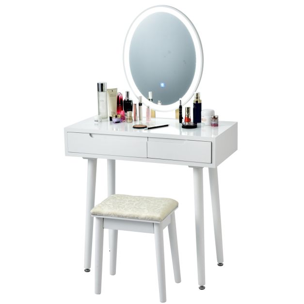 Vanity Table Set with Surrounded LED Tape Lights-White
