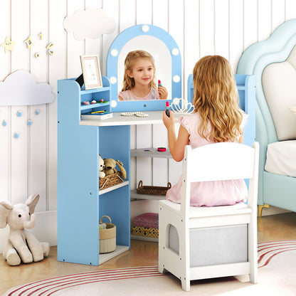 Vanity Table and Chair Set with 3 Storage Shelves and 5 Open Compartments-Blue & White