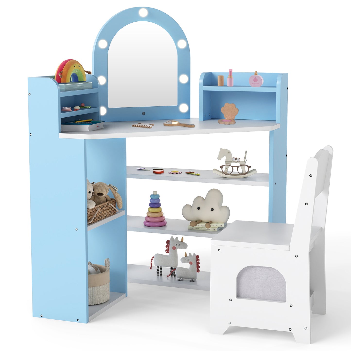 Vanity Table and Chair Set with 3 Storage Shelves and 5 Open Compartments-Blue & White