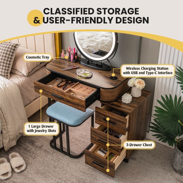 Vanity Table and Stool Set with 3-Color Touch Screen Lighted Swivel Mirror-Brown