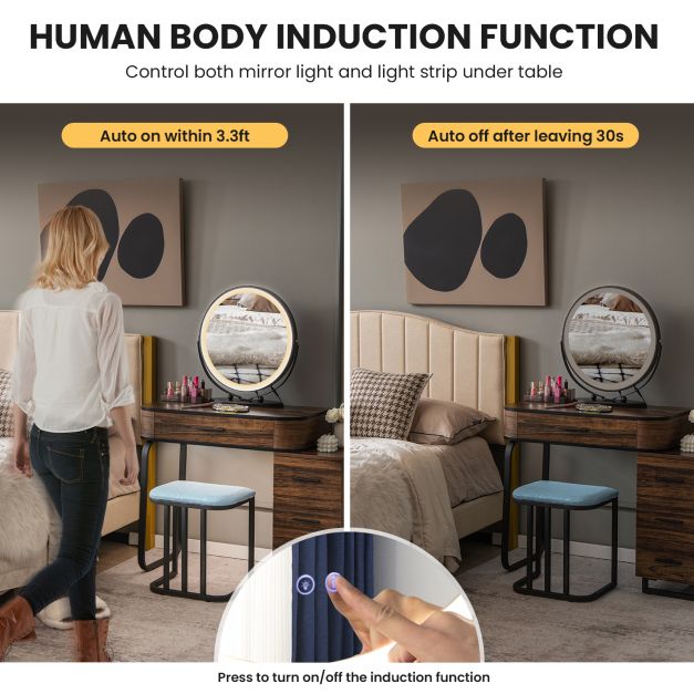 Vanity Table and Stool Set with 3-Color Touch Screen Lighted Swivel Mirror-Brown