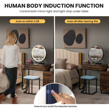 Vanity Table and Stool Set with 3-Color Touch Screen Lighted Swivel Mirror-Brown