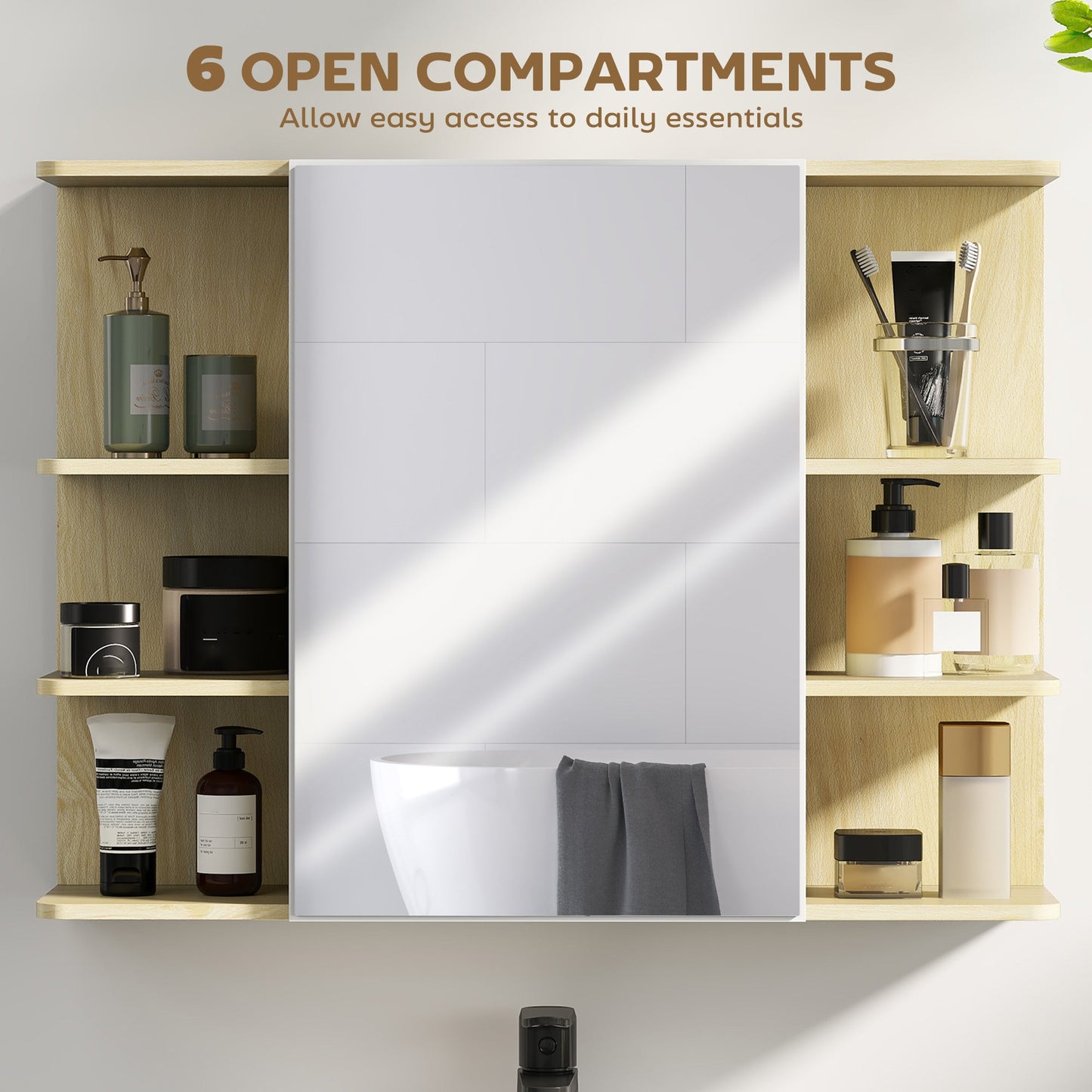 HOMCOM Bathroom Mirror Cabinet with Open Storage Shelves - Natural Wood Finish