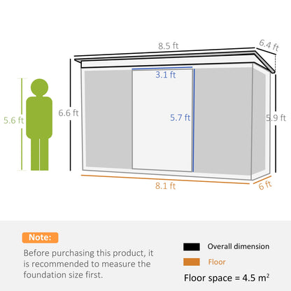 كوخ تخزين معدني للحديقة من Outsunny مع سقف مائل وتهوية، 8.5 × 6 أقدام، رمادي