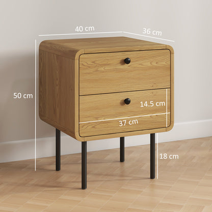 HOMCOM Bedside Table with 2 Drawers and Steel Legs - Oak