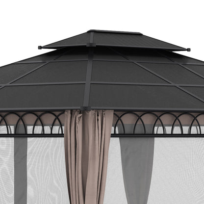 Outsunny 3.6 x 3 (m) Outdoor Polycarbonate Gazebo, Double Roof Hard Top Gazebo with Nettings & Curtains for Garden, Lawn, Patio