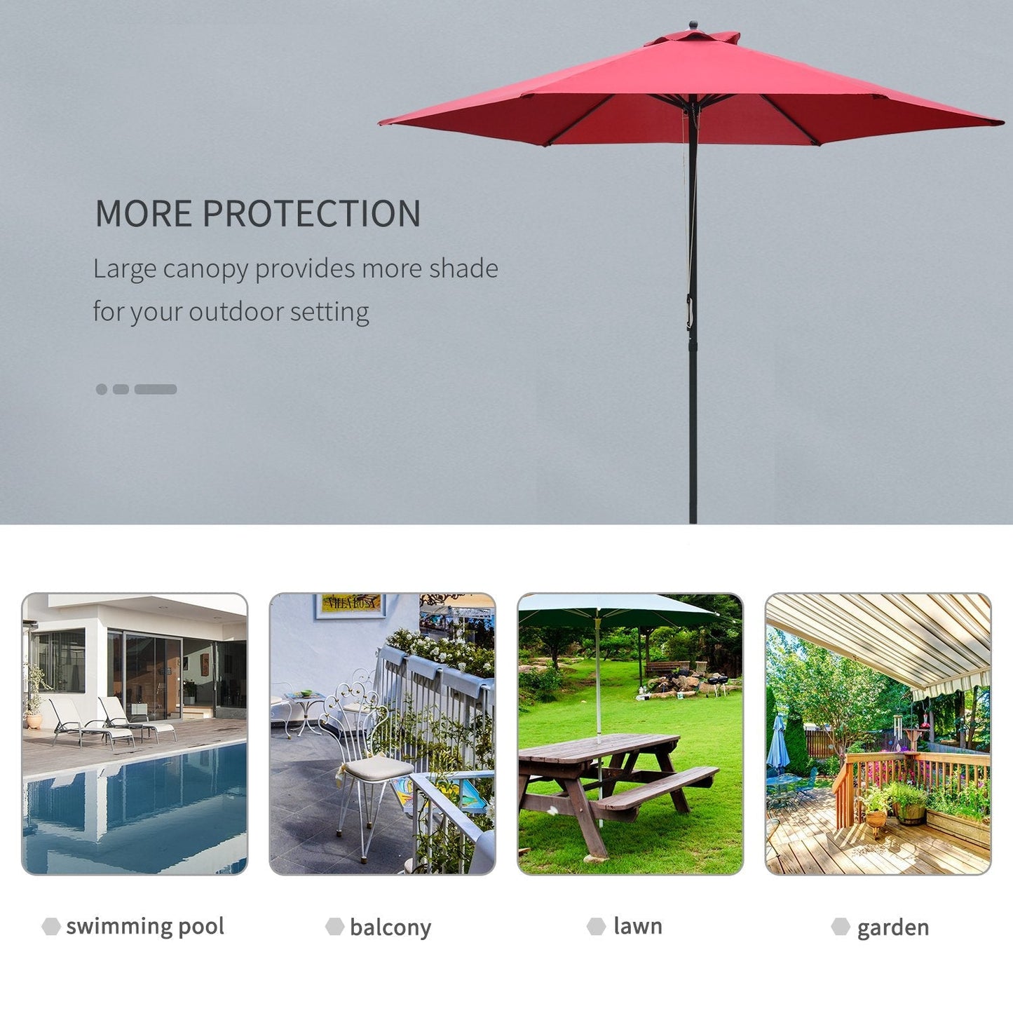 Outsunny 2.8m Patio Parasols Umbrellas Outdoor 6 Ribs Sunshade Canopy Manual Push Garden Backyard Furniture, Wine Red