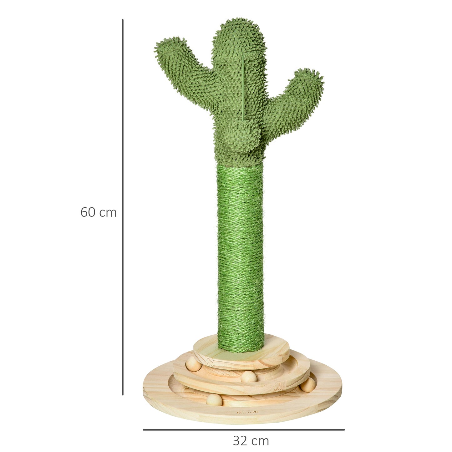 PawHut Cat Tree Cactus Sisal Scratching Post for Indoor Cats Play Tower Kitten Furniture with Hanging Ball Interactive Fun Roller Exerciser 32 x 32 x 60cm