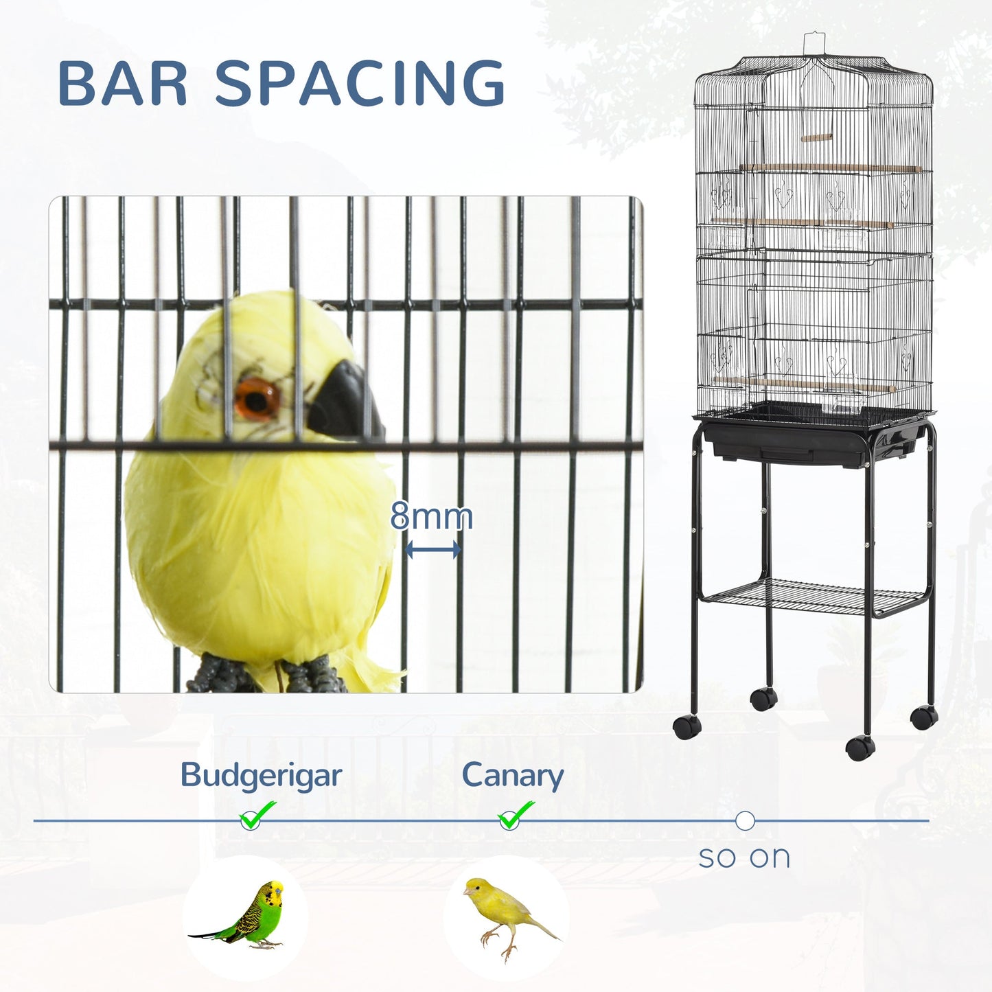 PawHut Bird Cage Budgie Cages for Finch Canary Parakeet with Stand Wheels Slide-out Tray Accessories Storage Shelf, Black 36 x 46.5 x 157 cm