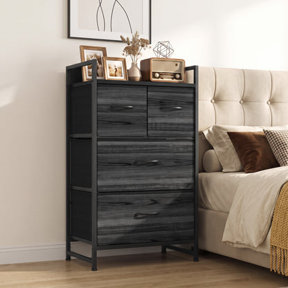 HOMCOM Rustic Chest of Four Fabric Drawers - Black Wood Effect